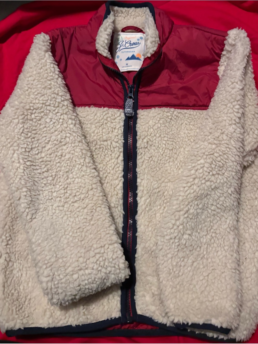 J. Crew Kids Cream Sherpa Jacket with Red Yoke Size M